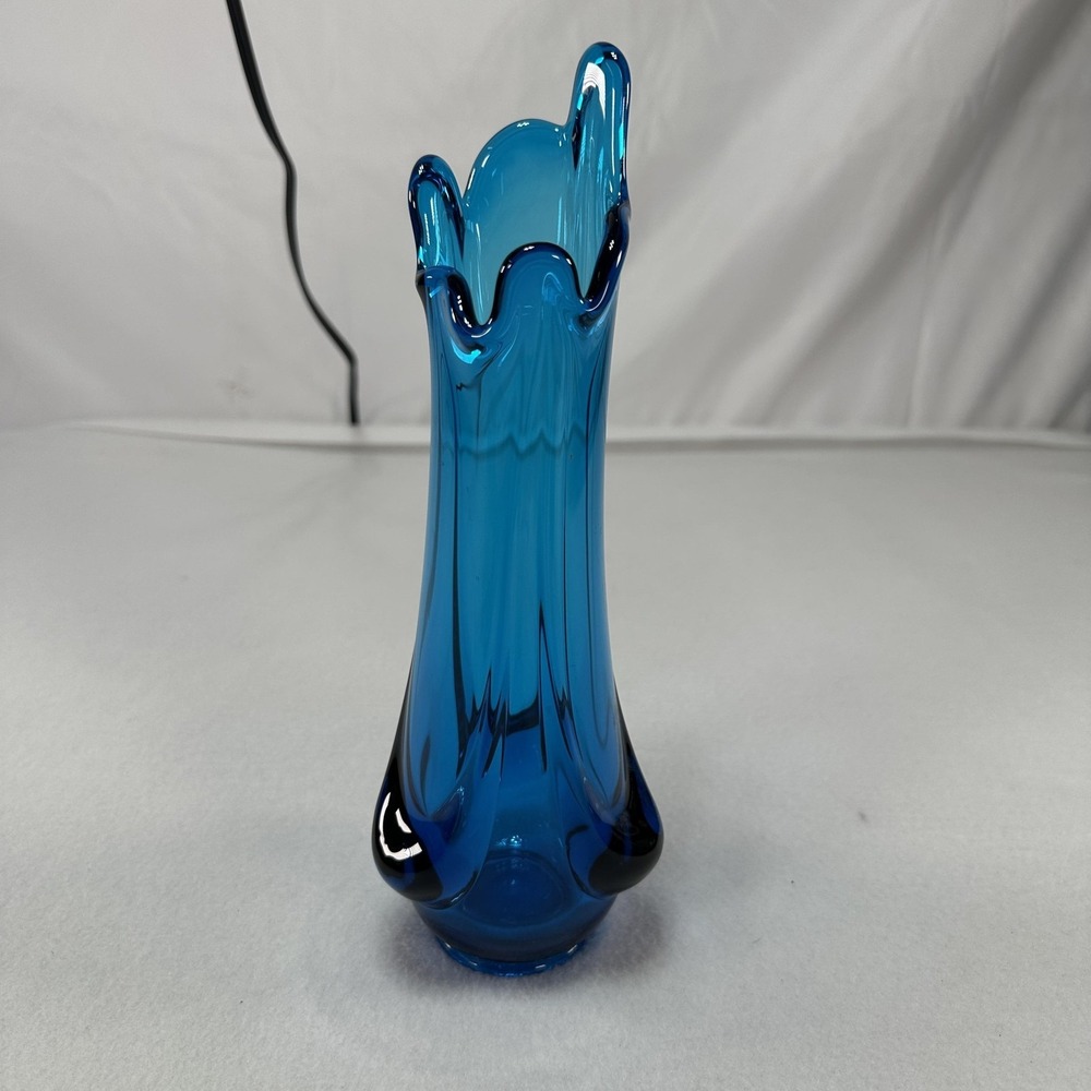 Hand Blown Blue Glass Swung Vase Ruffled Rim Modern Centerpiece Decor Art Viking